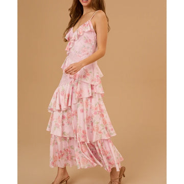 MQTIME  -  Women Floral Print Lace Patchwork Sleeveless V-Neck Backless Irregular Tiered Ruffle Layered A Line Long Slip Dress